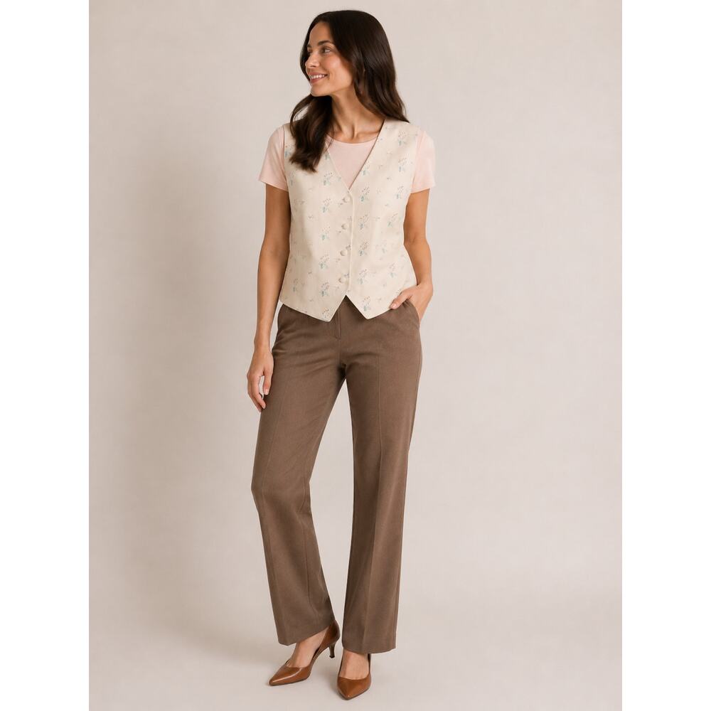 LR1916 Casual Corner  Floral Vest Size 12 Cream Button Front Career Cottagecore